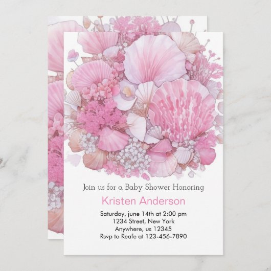 海お洒落ビーチコーバー女の子ベビーシャワー 招待状 (正面/裏面)