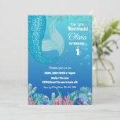 海お洒落人魚の女の子の下で1歳の誕生日 招待状 (スタンド正面)