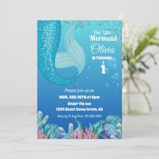 海お洒落人魚の女の子の下で1歳の誕生日 招待状 (スタンド正面)
