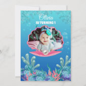 海お洒落人魚の女の子の下で1歳の誕生日 招待状 (裏面)
