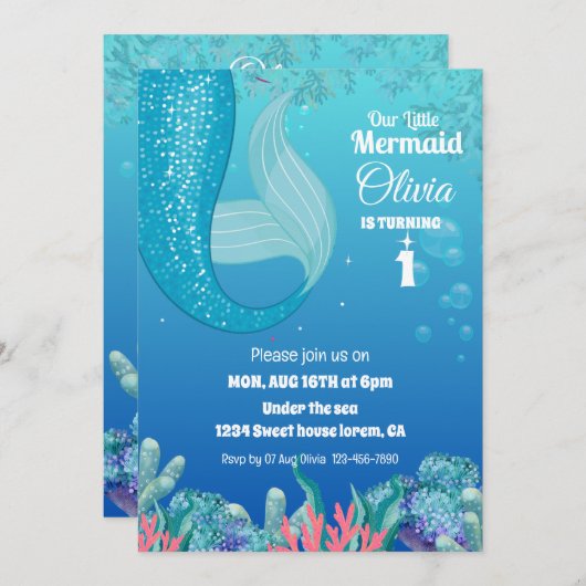 海お洒落人魚の女の子の下で1歳の誕生日 招待状 (正面/裏面)