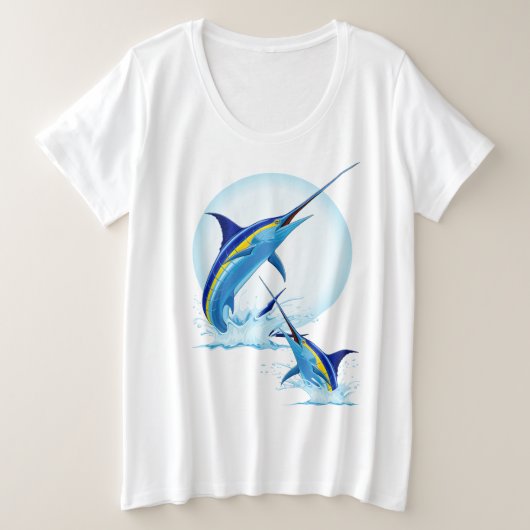 海から飛び出すブルーマーリン プラスサイズTシャツ (デザイン正面)