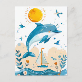 海から飛び出す漫画のイルカ ポストカード
