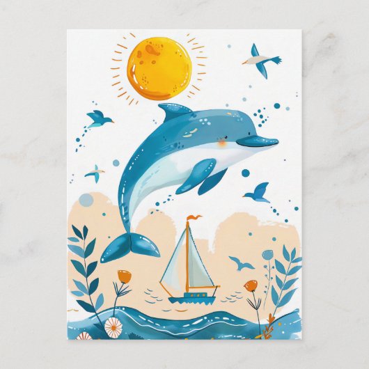 海から飛び出す漫画のイルカ ポストカード (正面)