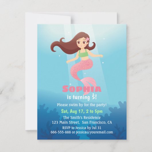 海かわいらしの誕生日パーティーの下で人魚の女の子 招待状 (正面)