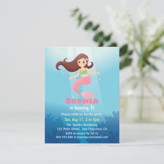 海かわいらしの誕生日パーティーの下で人魚の女の子 招待状 (スタンド正面)