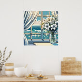 海かわいらしビューと花の花瓶 ポスター (キッチン)