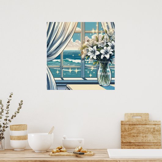 海かわいらしビューと花の花瓶 ポスター (キッチン)