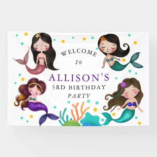 海かわいらし女の子の誕生日パーティーの下の人魚 横断幕 (横)