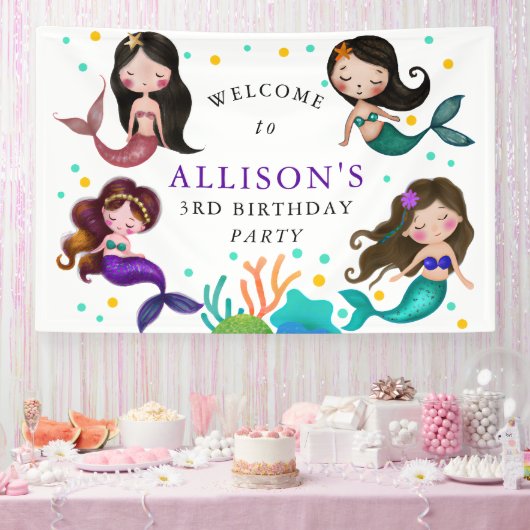 海かわいらし女の子の誕生日パーティーの下の人魚 横断幕 (パーティー)