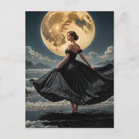 海がムーンウーマンの下で黒いドレスを着て踊る ポストカード (正面)