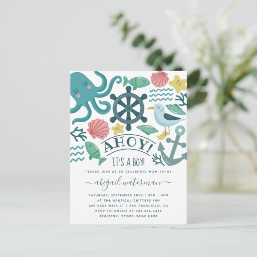 海が航海の揺れ動く！男の子のシャワーだ インビテーションポストカード (スタンド正面)