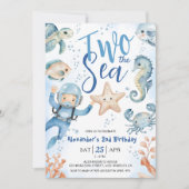 海が2つ！2回目の誕生日ボーイかわいいブルー海 招待状 (正面)