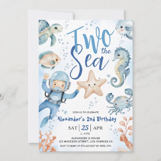 海が2つ!2回目の誕生日ボーイかわいいブルー海 招待状 (正面)