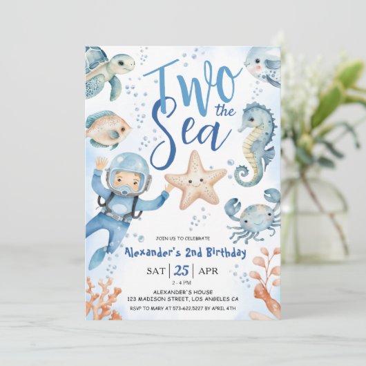 海が2つ!2回目の誕生日ボーイかわいいブルー海 招待状 (スタンド正面)