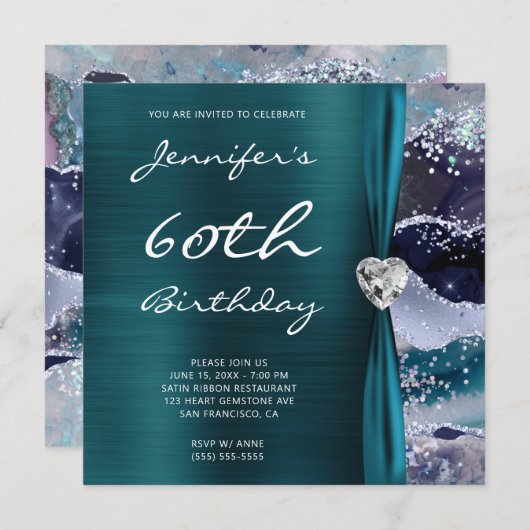 海きらびやかなアゲートグラムティール（緑がかった色）フォイル60誕生日 招待状 (正面/裏面)