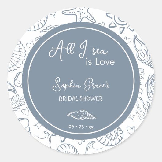 海しか見えない愛 ダスティーブルーの貝殻落書き ラウンドシール (正面)