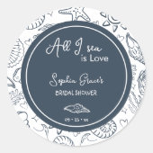 海しか見えない愛 ネイビーブルーの貝殻落書き ラウンドシール (正面)