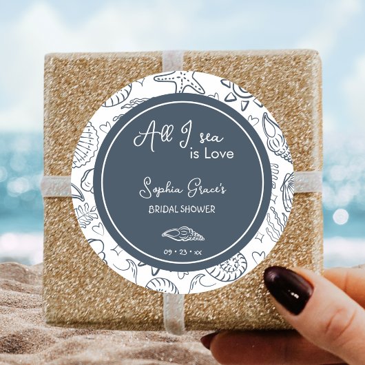 海しか見えない愛 ネイビーブルーの貝殻落書き ラウンドシール