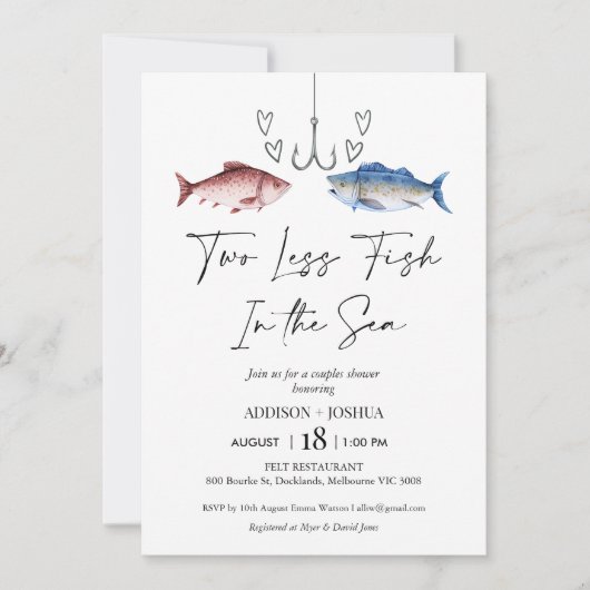 海でおもしろいの2つの魚の少ないブライダルカップルのシャワー 招待状 (正面)