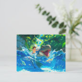 海で恐竜と一緒に泳ぐアニメの少年 シーズンポストカード (スタンド正面)