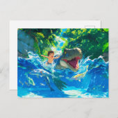 海で恐竜と一緒に泳ぐアニメの少年 シーズンポストカード (正面/裏面)