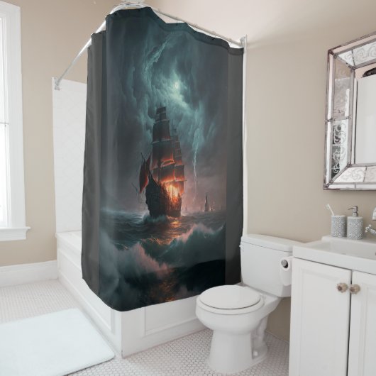 海で波と嵐と戦う帆船 シャワーカーテン (インサイチュ)