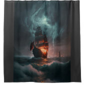 海で波と嵐と戦う帆船 シャワーカーテン (正面)