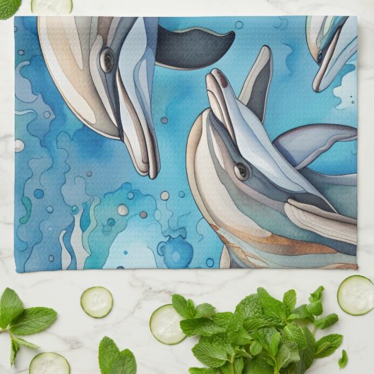 海で泳ぐイルカ キッチンタオル (折り畳み)