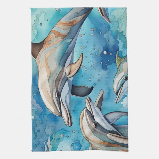 海で泳ぐイルカ キッチンタオル (縦)