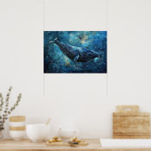 海で泳ぐ青いクジラ ポスター (キッチン)