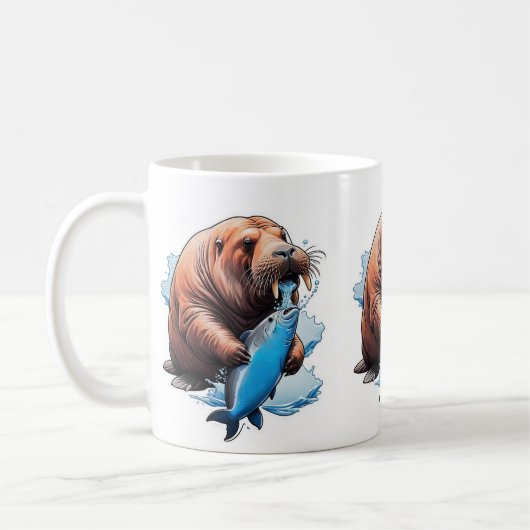 海で釣りをするセイウチ コーヒーマグカップ (左)