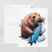 海で釣りをするセイウチ ポストカード (正面/裏面)