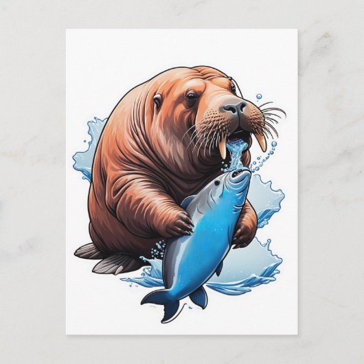 海で釣りをするセイウチ ポストカード (正面)