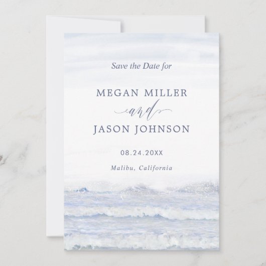 海で、青い白の目的地の結婚式 招待状 (正面)