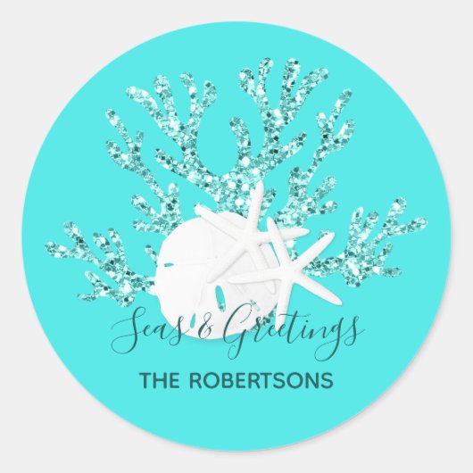 海とグリーティングクリスマスダークアクアブルー ラウンドシール (正面)