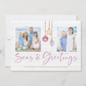 海とグリーティングピンクのシェルホリデーフォト シーズンカード (正面)