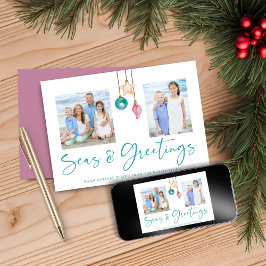 海とグリーティングピンクのシェルホリデーフォト シーズンカード