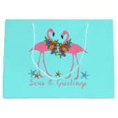 海とグリーティングフラミンゴカップルのアクア ラージペーパーバッグ (正面)