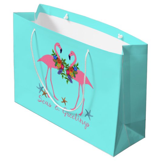海とグリーティングフラミンゴカップルのアクア ラージペーパーバッグ (裏面アングル)
