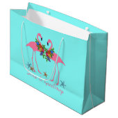 海とグリーティングフラミンゴカップルのアクア ラージペーパーバッグ (正面アングル)