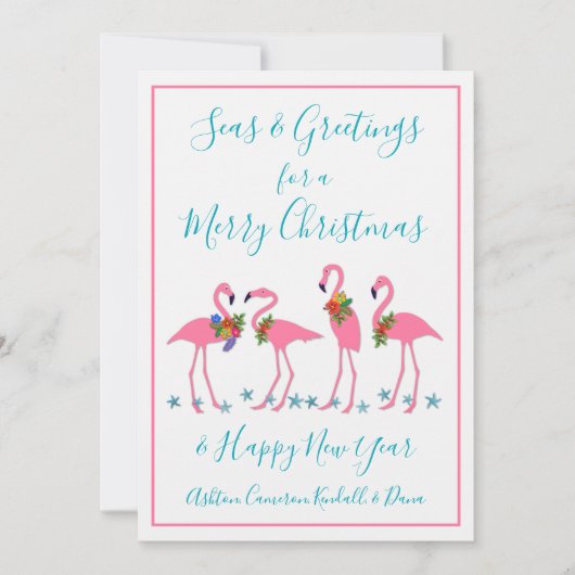 海とグリーティングフラミンゴスクリスマスフラットカード (正面)