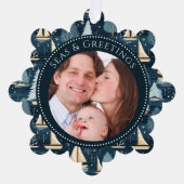 海とグリーティングボート家族の写真 オーナメントカード (正面)