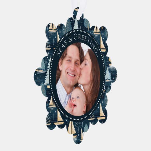 海とグリーティングボート家族の写真 オーナメントカード (右)