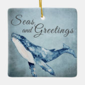 海とパーソナライズされたあいさつ鯨のクリスマス セラミックオーナメント (正面)