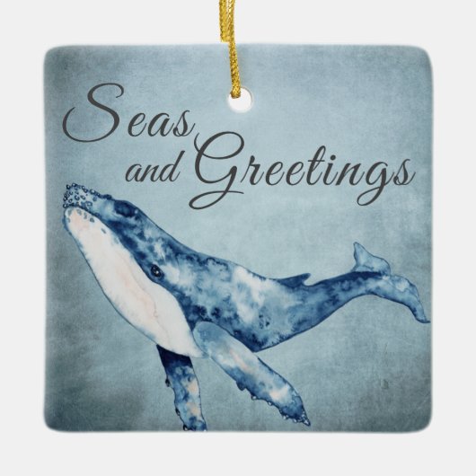 海とパーソナライズされたあいさつ鯨のクリスマス セラミックオーナメント (正面)