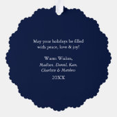 海とモダンあいさつ写真雪片ブルー オーナメントカード (裏面)