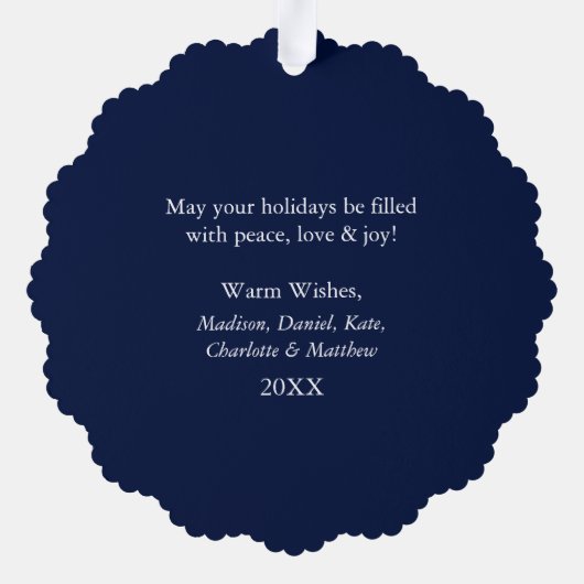 海とモダンあいさつ写真雪片ブルー オーナメントカード (裏面)