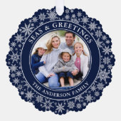 海とモダンあいさつ写真雪片ブルー オーナメントカード (正面)