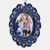 海とモダンあいさつ写真雪片ブルー オーナメントカード (左)